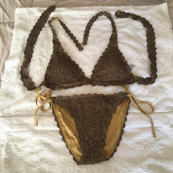 EUC Becca gold crochet halter bikini - Picture 2 of 13